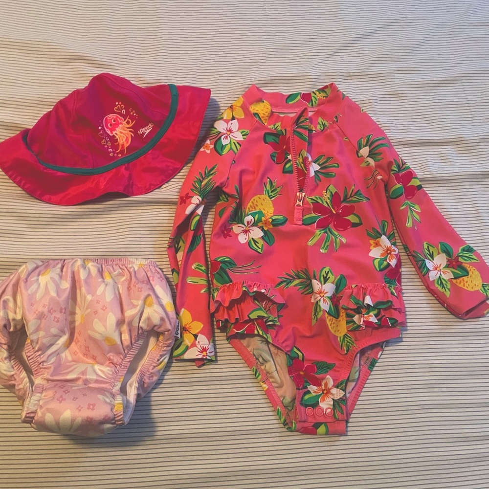 Toddler Girls Summer Swim Bundle UV Hat, Swimsuit, Swim Diaper Size 2T- 3T